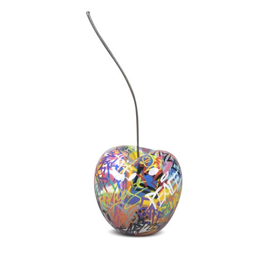 A LARGE BULL & STEIN GRAFFITI CHERRY FIBERGLASS GARDEN SCULPTURE