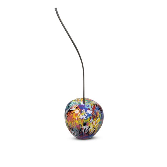 A BULL & STEIN GRAFFITI CHERRY FIBERGLASS GARDEN SCULPTURE