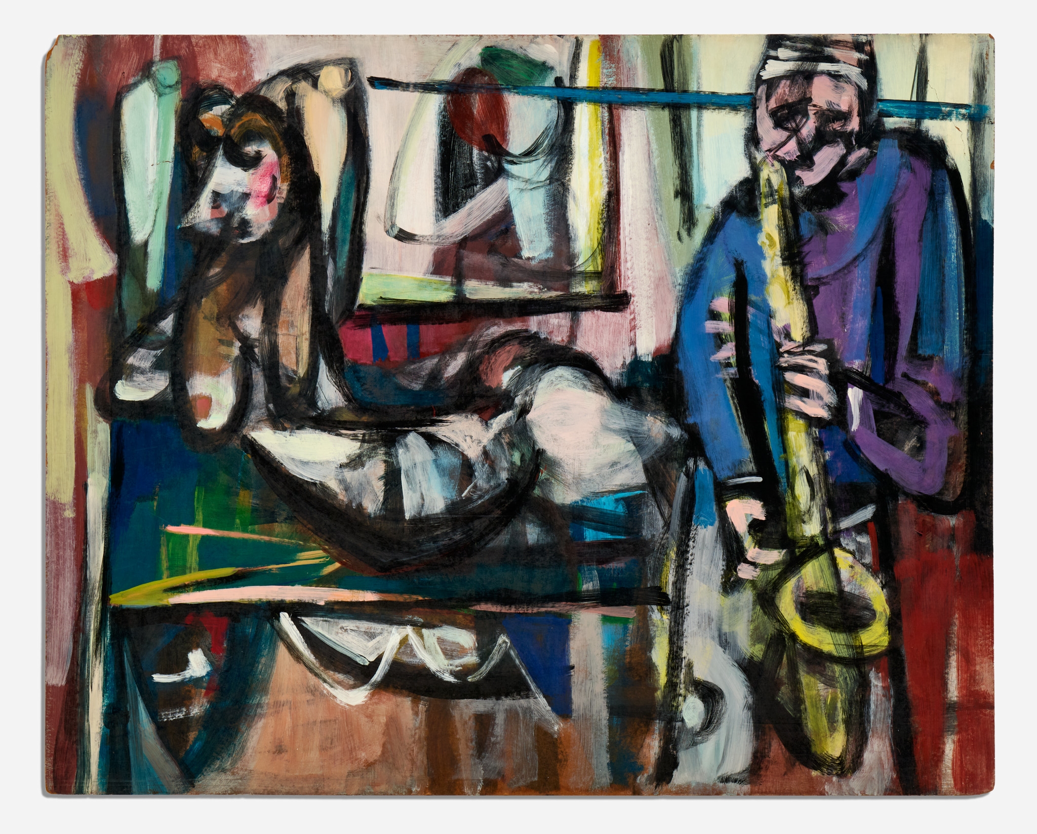 Artwork by Hal Lotterman, Untitled (Abstract with Saxophonist, Made of Oil On Masonite