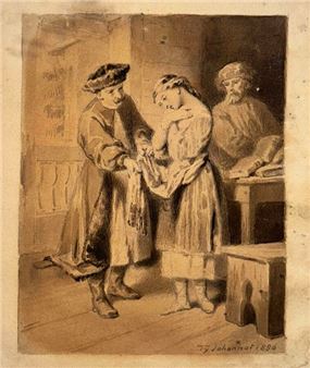 Young girl and two men in an interior - Tony Johannot