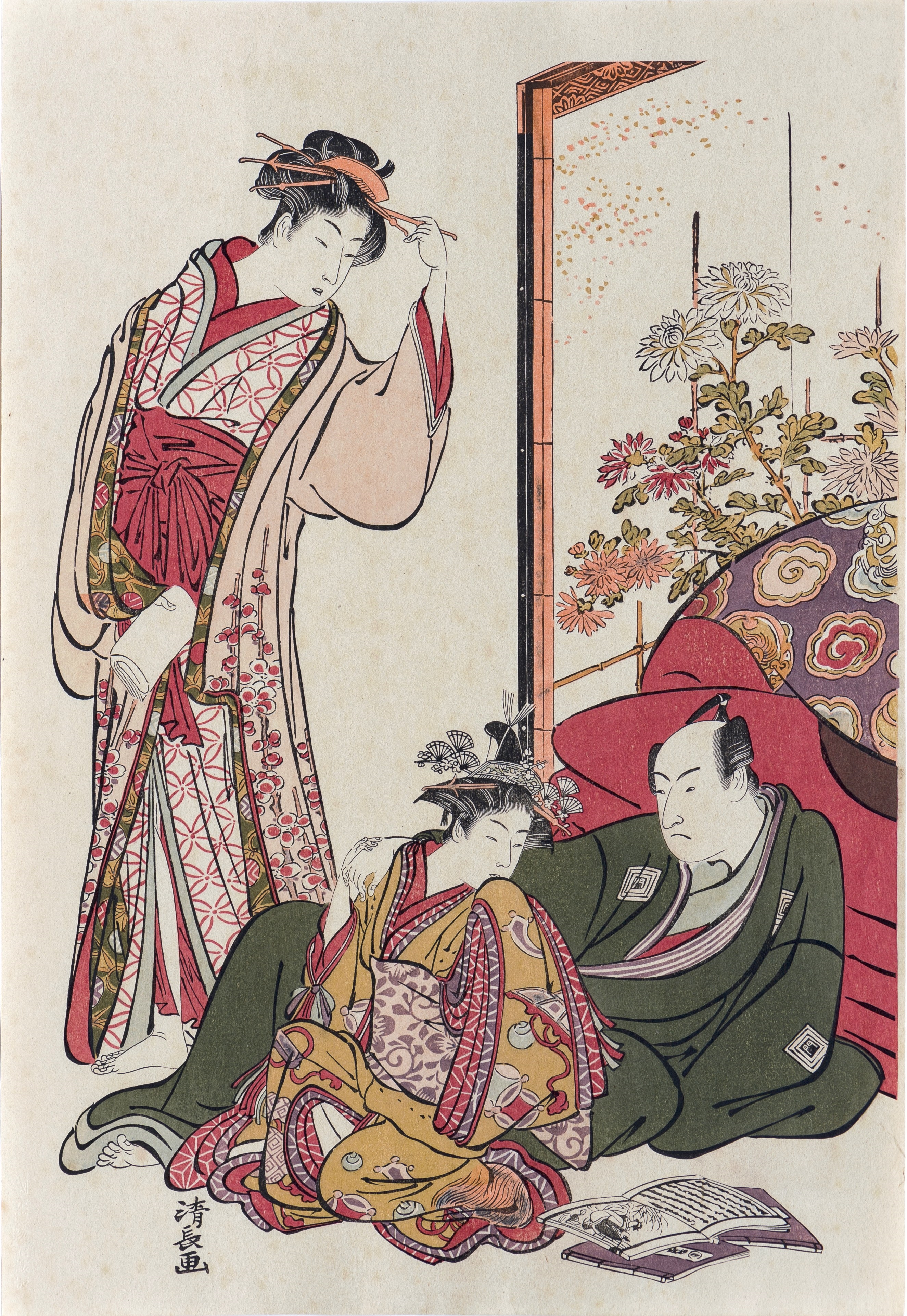Artwork by Torii Kiyonaga, Actor Ichikawa Monnosuke and the Geisha, Made of Color Woodcut, Ink, Paper