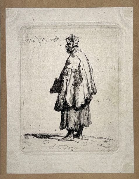 Artwork by Jean-Pierre Norblin de La Gourdaine, Begging woman facing left, Made of Original Etching And Drypoint