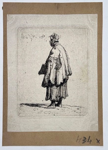 Artwork by Jean-Pierre Norblin de La Gourdaine, Begging woman facing left, Made of Original Etching And Drypoint