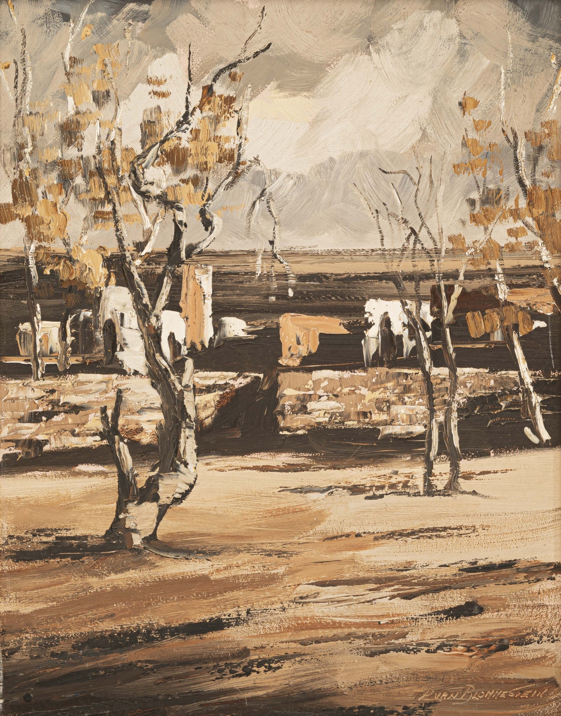 A rustic landscape painting featuring a stone wall, sparse trees, and distant mountains in a muted earth-tone palette.