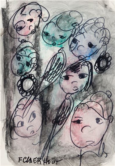 A chaotic cluster of stylized faces rendered in loose charcoal and pastel washes.