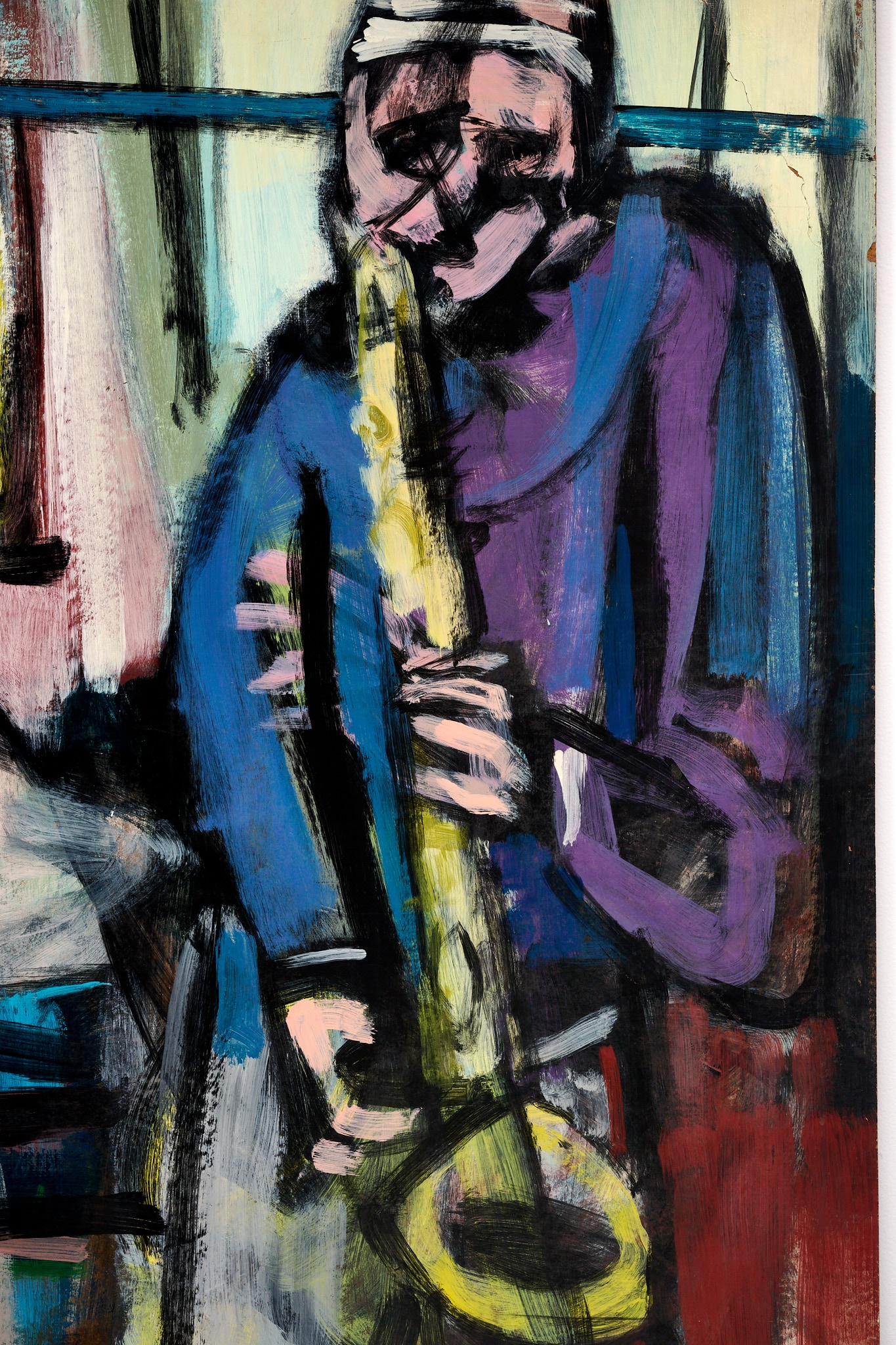 Artwork by Hal Lotterman, Untitled (Abstract with Saxophonist, Made of Oil On Masonite