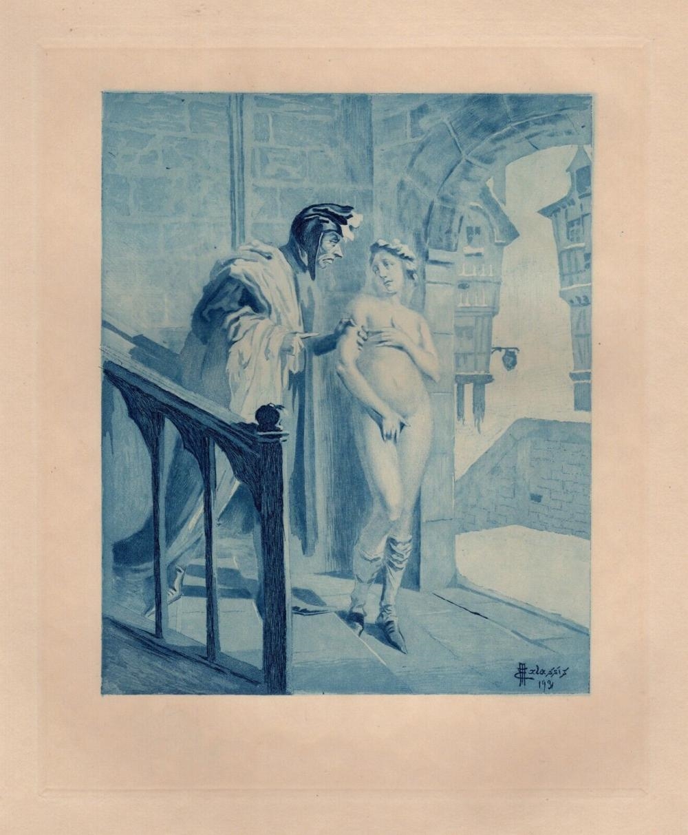 Artwork by Edmond Malassis, La Conversation I, Made of Copper Plate Engraving In Blue Ink On Velin Paper
