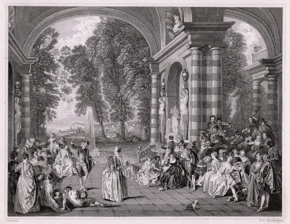 Artwork by Jean-Antoine Watteau, Le Bal Champetre, Made of Antique Steel Engraving On Wove Paper