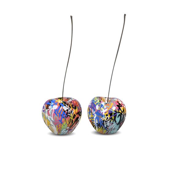 A PAIR OF BULL & STEIN GRAFFITI CHERRY FIBERGLASS GARDEN SCULPTURES by Bruno Silva