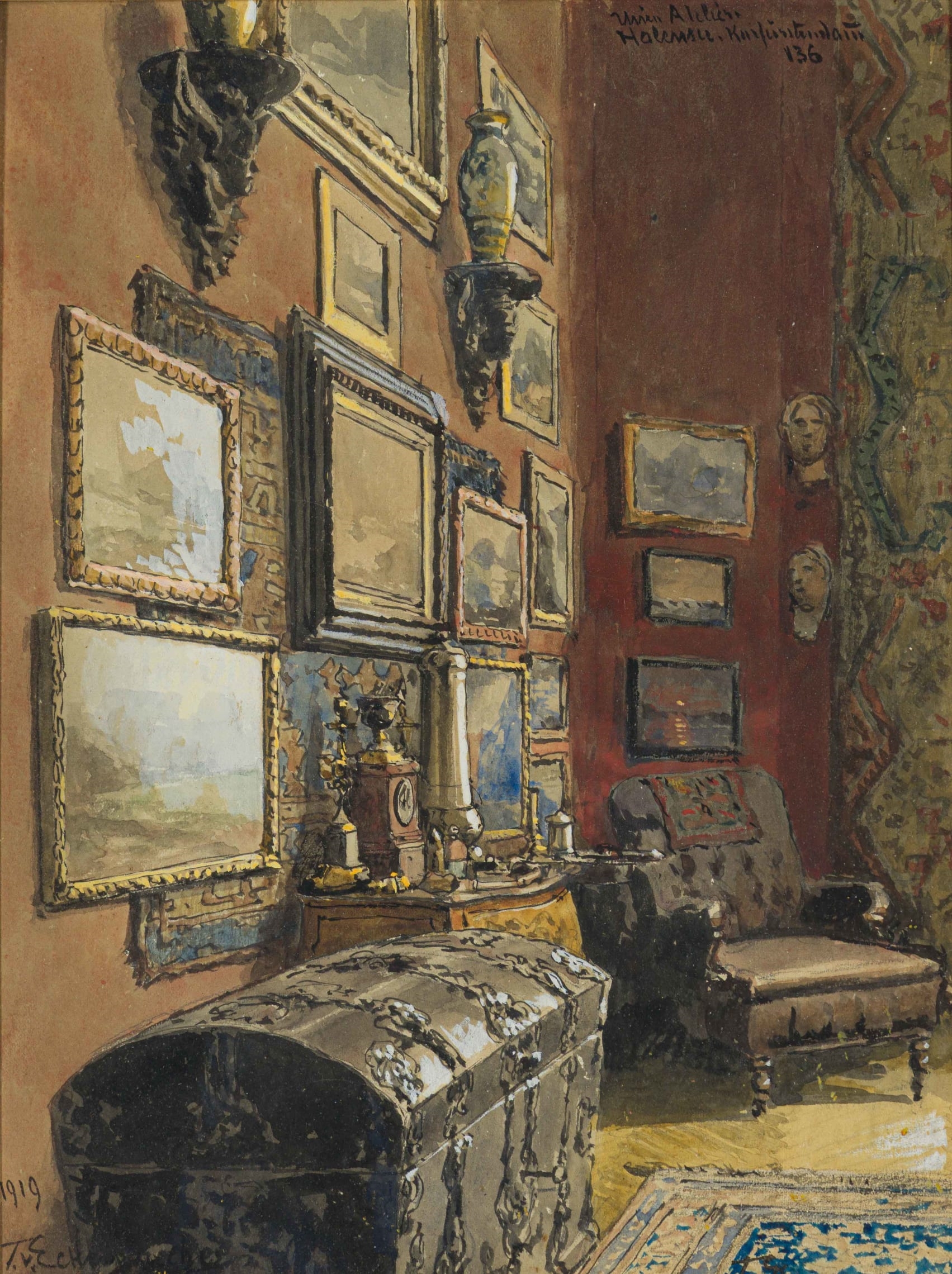 Artwork by Karl Paul Themistocles von Eckenbrecher, Unten Atelier, Halensee, Kurfurstendamm 136 (Downstairs Studio, Halensee, Kurfurstendamm 136); Pewter Flagon, two, Made of gouache on board