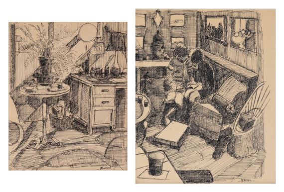 INTERIOR WITH FERN; TWO CHILDREN STUDYING