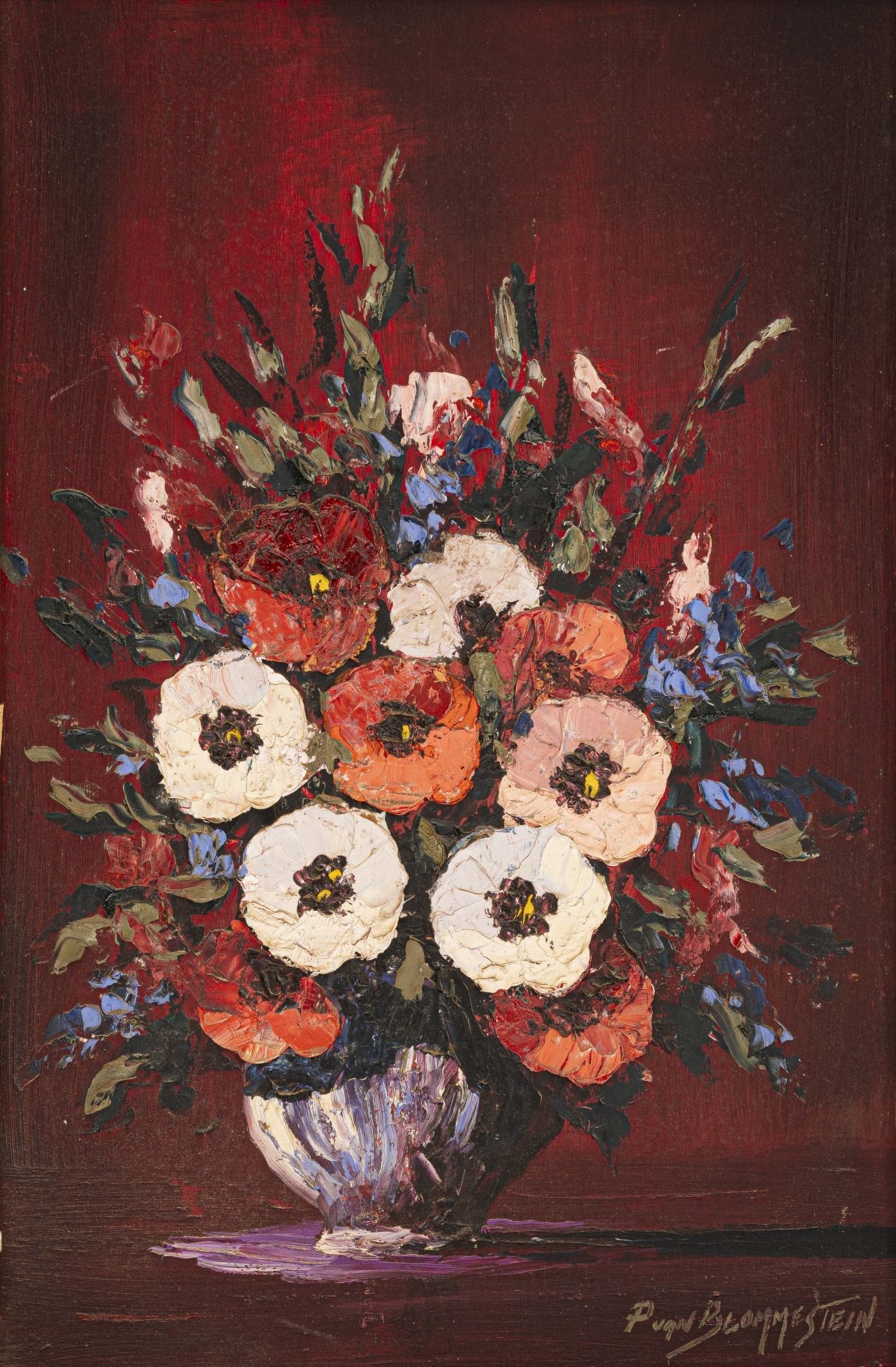 A vibrant floral still life featuring a bouquet of white and orange flowers in a vase against a deep red background.