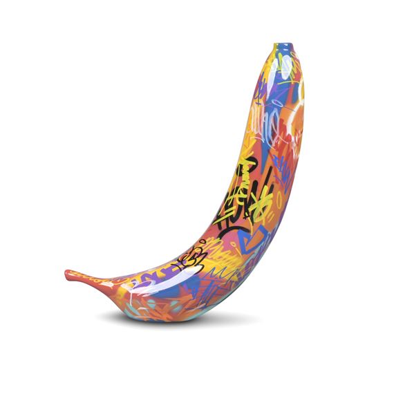 A BULL & STEIN GRAFFITI BANANA FIBERGLASS GARDEN SCULPTURE