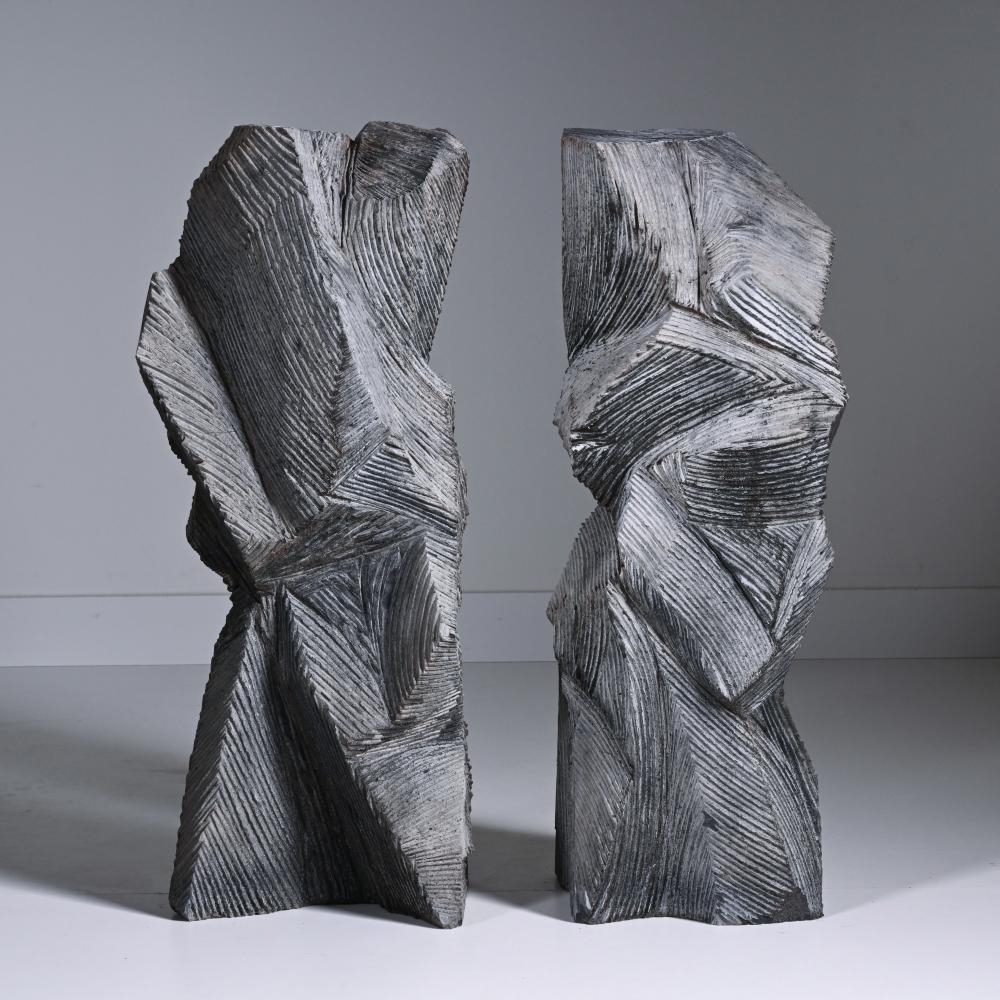 Artwork by Marc Verdoodt, pair of large marble sculptures in Noir de Mazy, Made of Marble