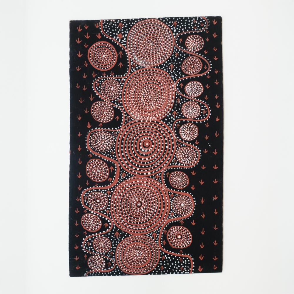 Artwork by Tim Leura Tjapaltjarri, Emu Travelling Dreaming, Made of Powder Pigment On Composition Board