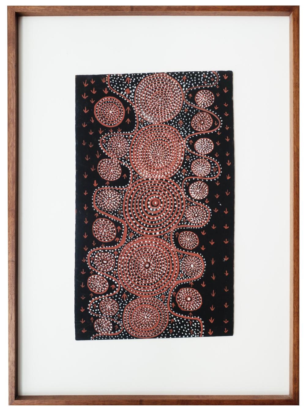 Artwork by Tim Leura Tjapaltjarri, Emu Travelling Dreaming, Made of Powder Pigment On Composition Board
