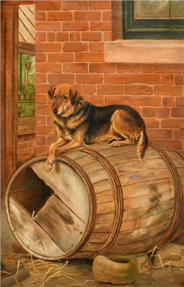Charles Edwin Baldock, Circa 1893, a dog resting on a barrel, oil on board, signed and dated 1893 by Charles Edwin M. Baldock, circa 1893
