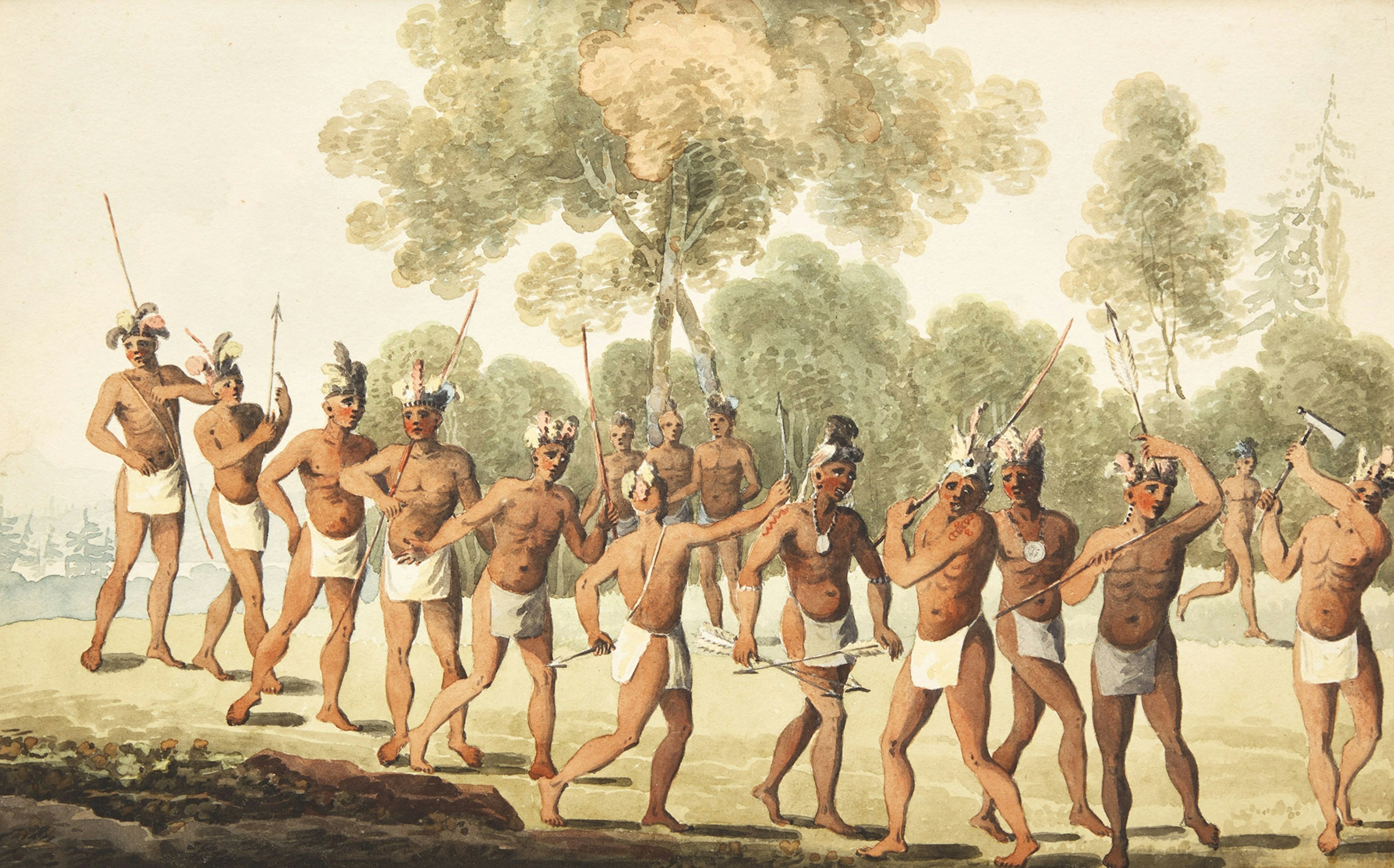 Artwork by George Heriot, Dance of Warriors Previous to Going on an Expedition, Made of watercolour over graphite on paper laid down on card