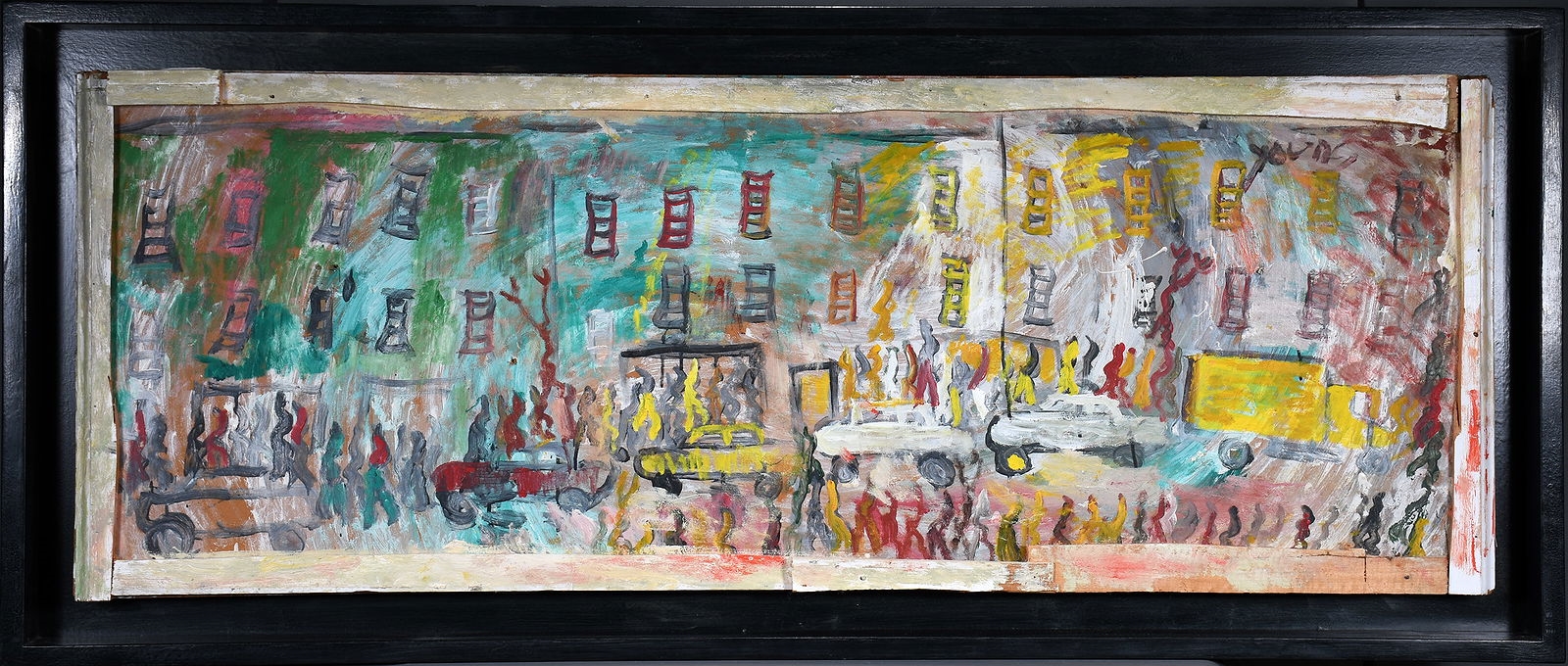 Artwork by Purvis Young, Busy Street Scene, Made of Paint on found board