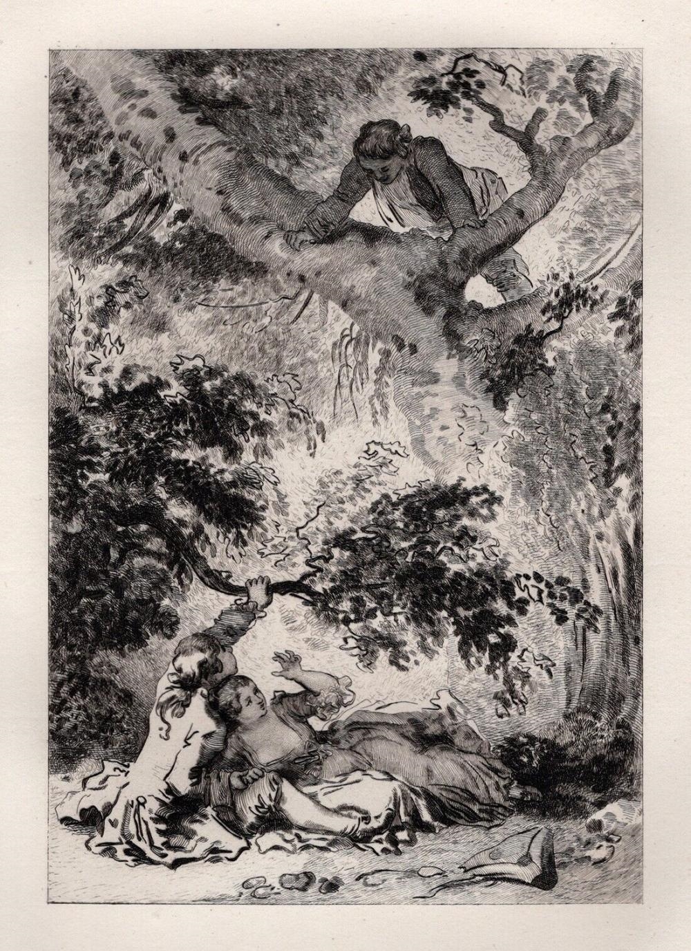 Artwork by Jean-Honoré Fragonard, Searching for the Calf, Made of Antique Etching On Laid Paper