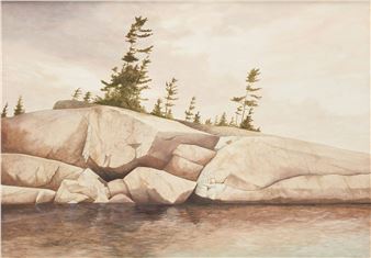 A serene landscape painting of a rocky shoreline with sparse evergreen trees under a soft sky.