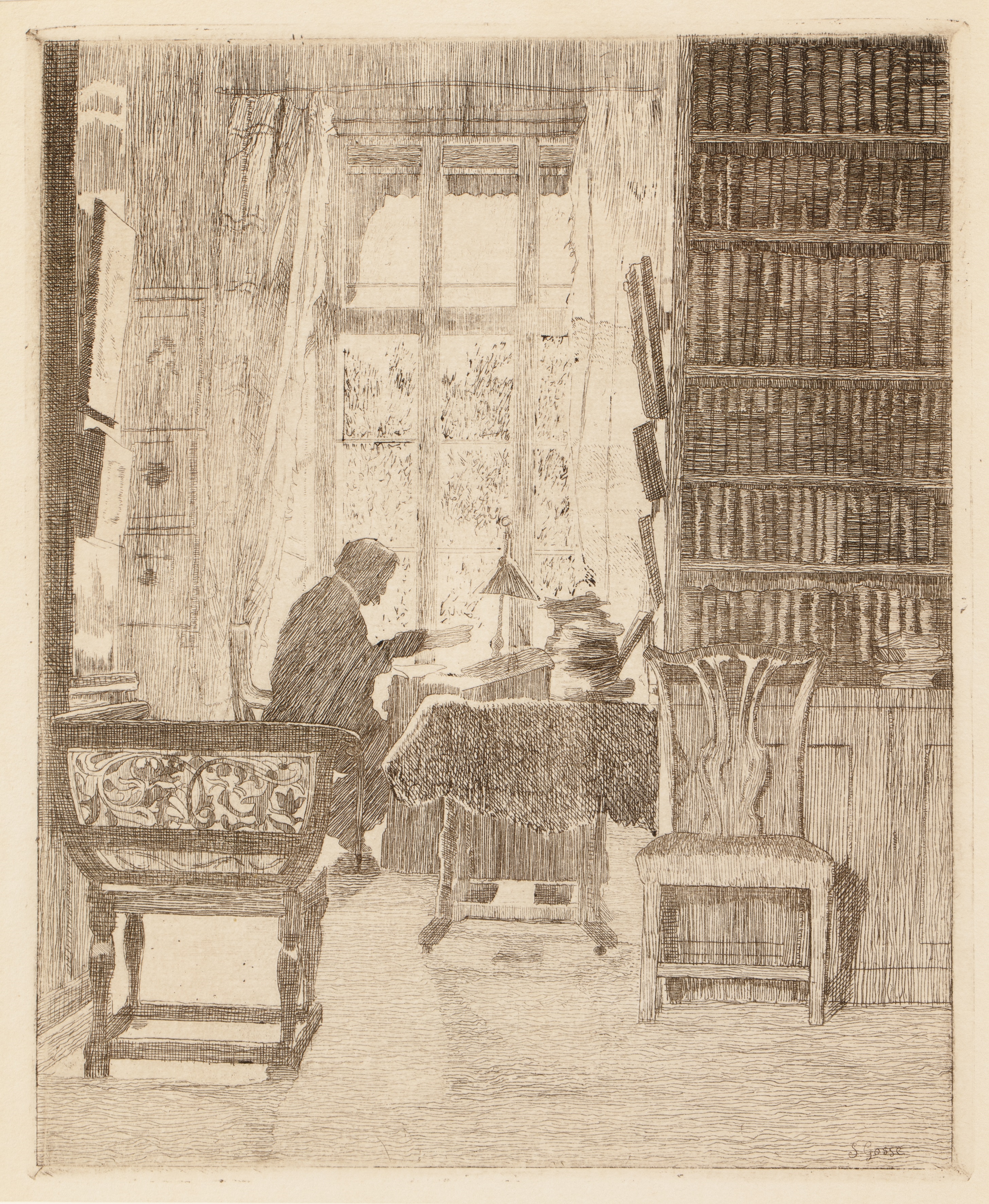 Artwork by Sylvia Gosse, Sir Edmund Gosse in his Study, Made of Etching With Printed Signature Within The Plate