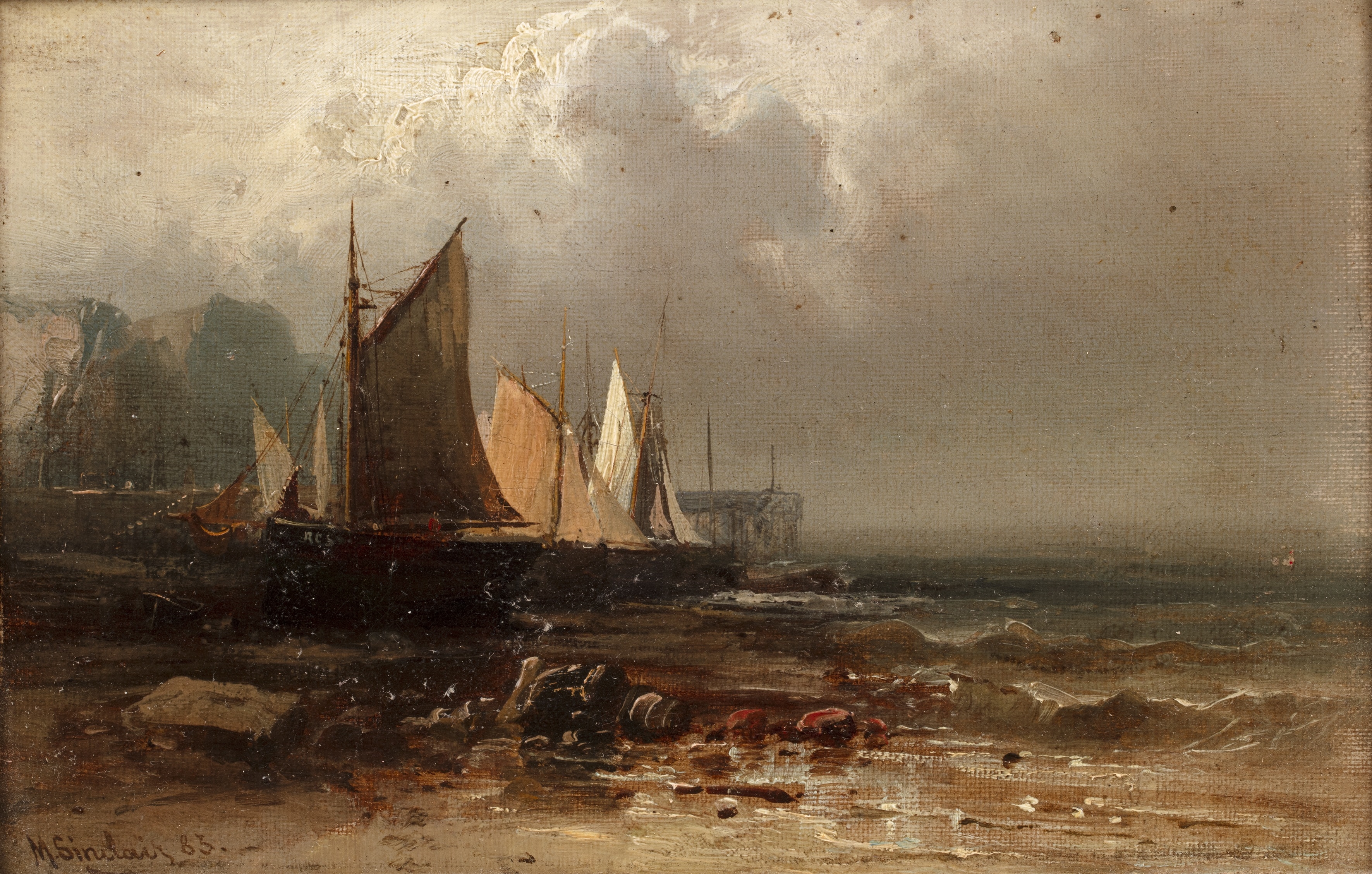 Artwork by Mary Sinclair, Fishing boats on a rocky beach, Made of Oil On Canvas