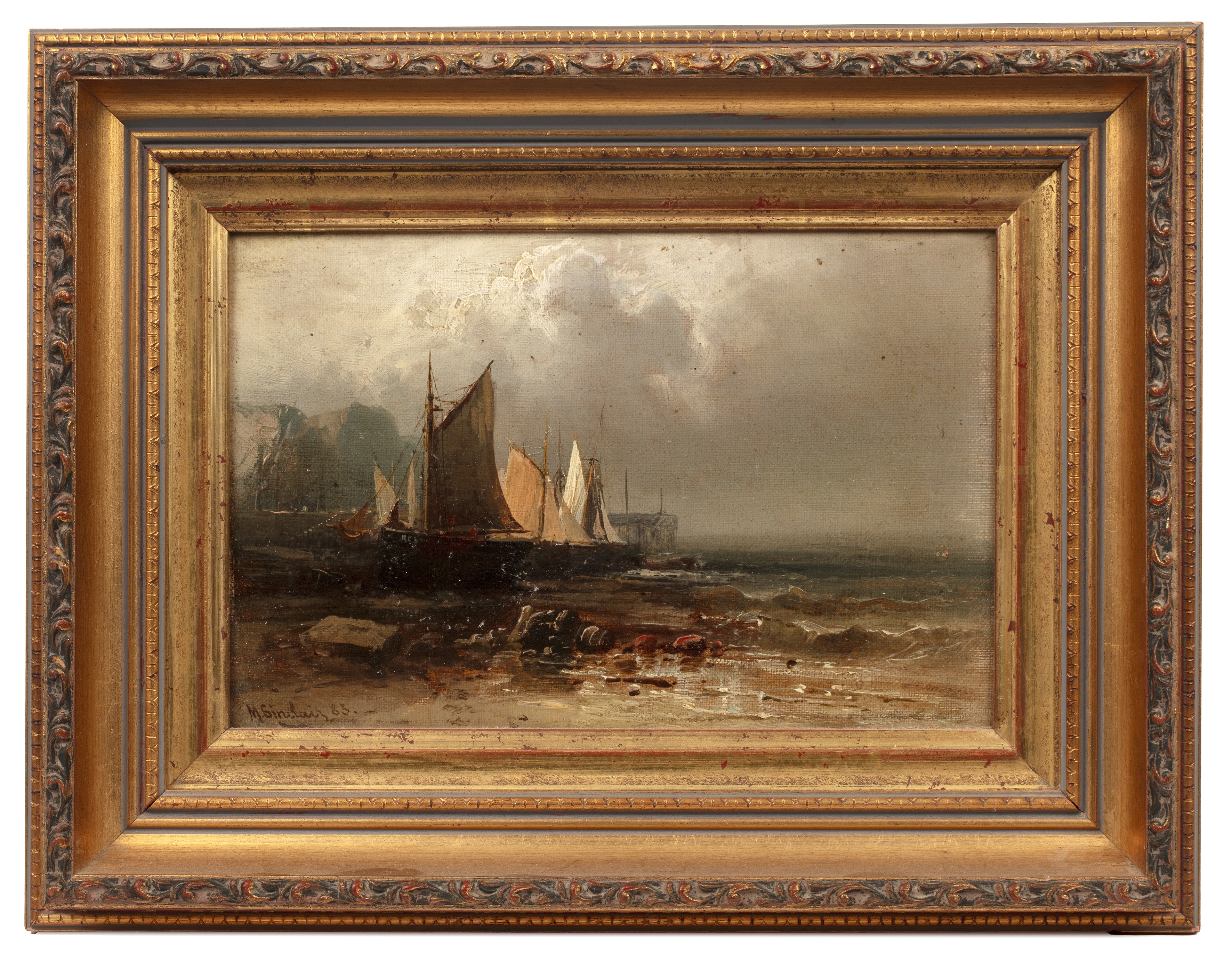 Artwork by Mary Sinclair, Fishing boats on a rocky beach, Made of Oil On Canvas
