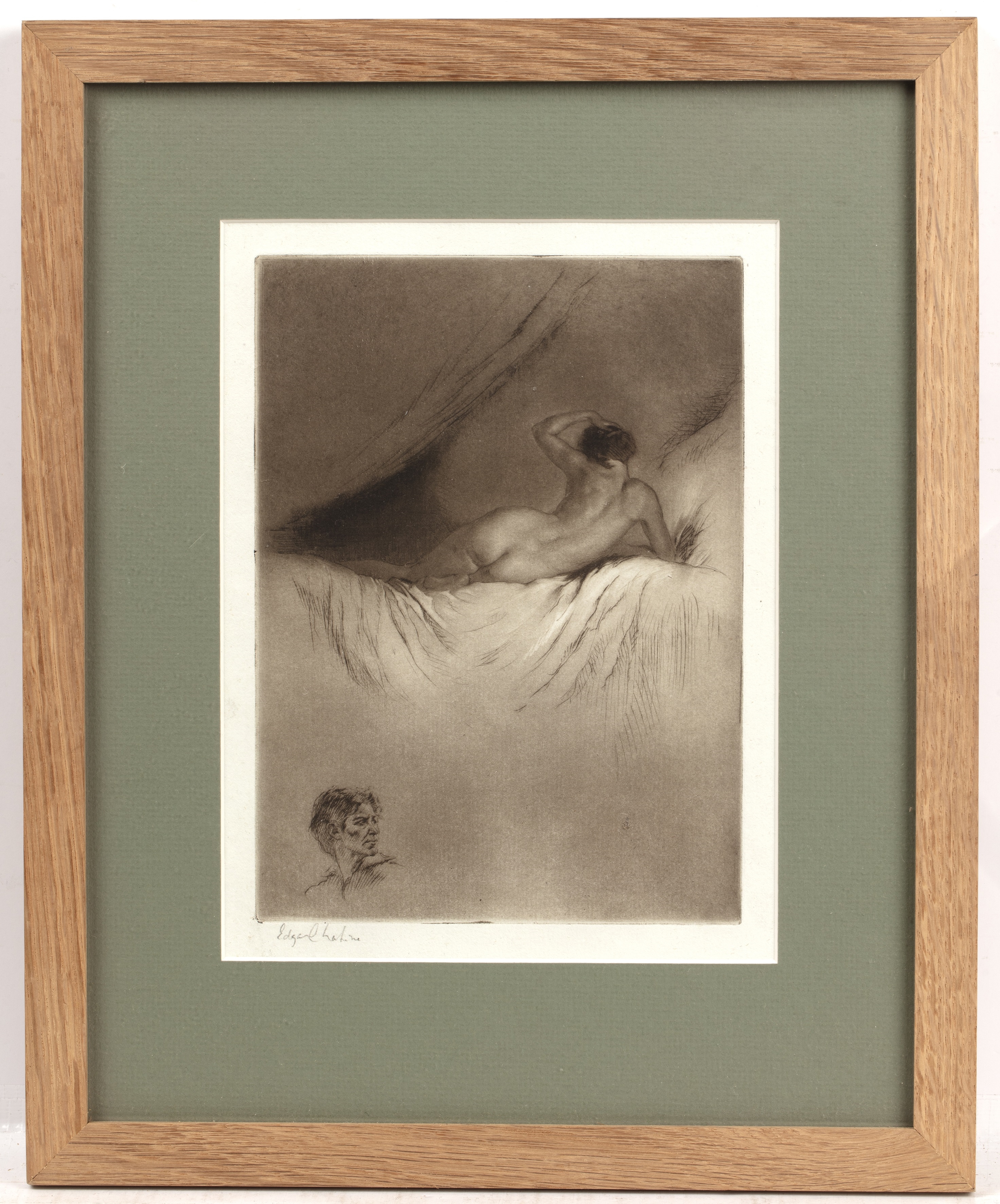 Artwork by Edgar Chahine, A nude reclining on a bed, Made of Etching