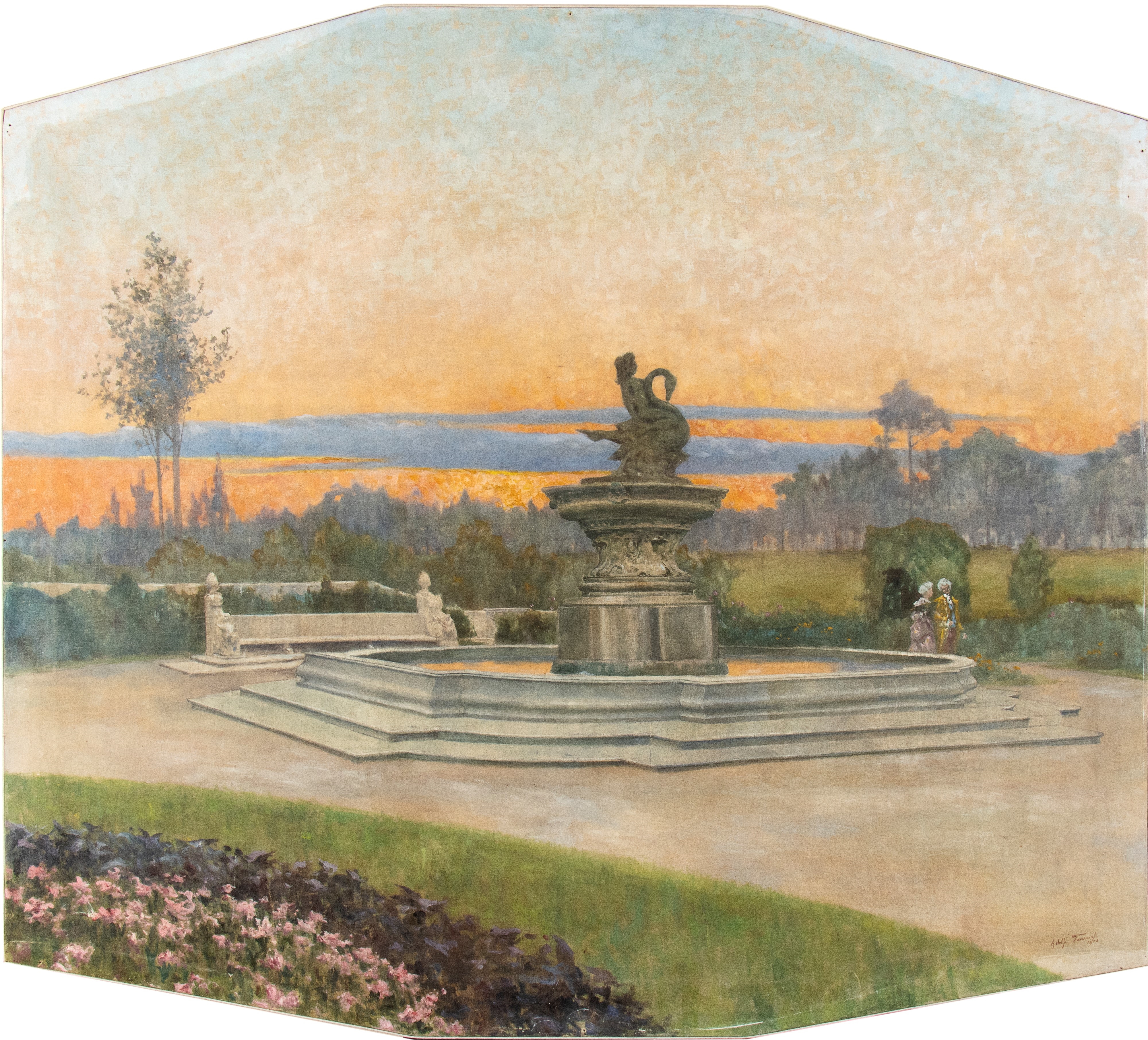 Artwork by Adolfo Tommasi, Tuscan Villa at Sunset, Made of Oil On Canvas