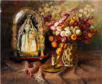 Still Life with Chrysanthemums and Madonna