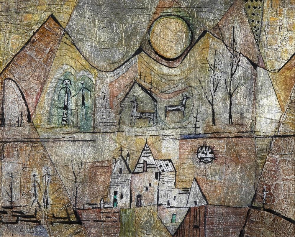 Artwork by Howard Schleeter, Commuters, Made of Oil, Silver Leaf, Oil Glaze On Board