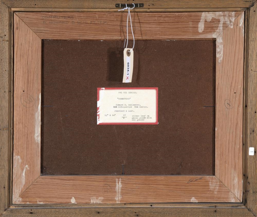 Artwork by Howard Schleeter, Commuters, Made of Oil, Silver Leaf, Oil Glaze On Board