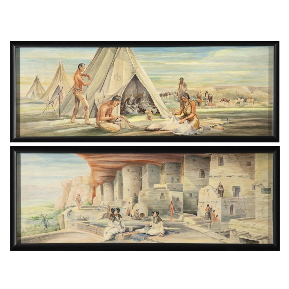 Artwork by Raphael Lillywhite, Pair of Mural Studies: Plains Indians + Pueblo Cliff-Dwellers, Made of Oil On Board