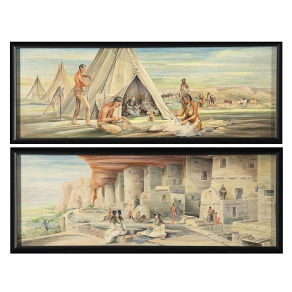 Pair of Mural Studies: Plains Indians + Pueblo Cliff-Dwellers - Raphael Lillywhite
