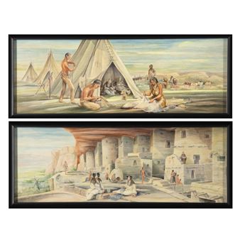Pair of Mural Studies: Plains Indians + Pueblo Cliff-Dwellers