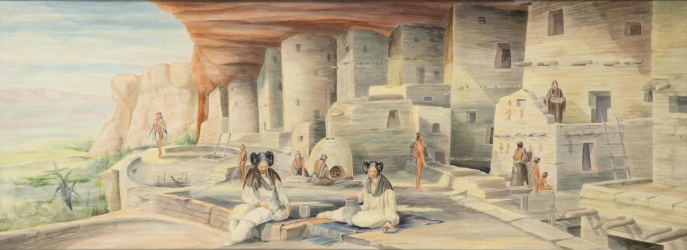 Artwork by Raphael Lillywhite, Pair of Mural Studies: Plains Indians + Pueblo Cliff-Dwellers, Made of Oil On Board