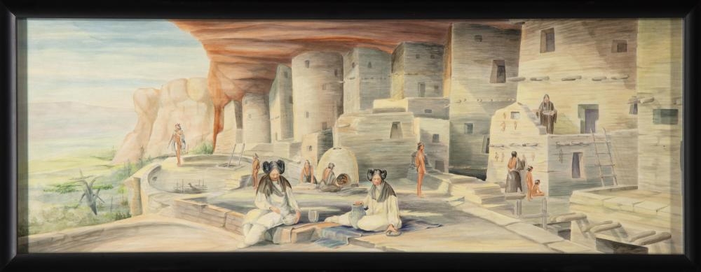 Artwork by Raphael Lillywhite, Pair of Mural Studies: Plains Indians + Pueblo Cliff-Dwellers, Made of Oil On Board