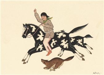 A joyful figure rides a spotted horse while a fox runs below, set against a plain background.