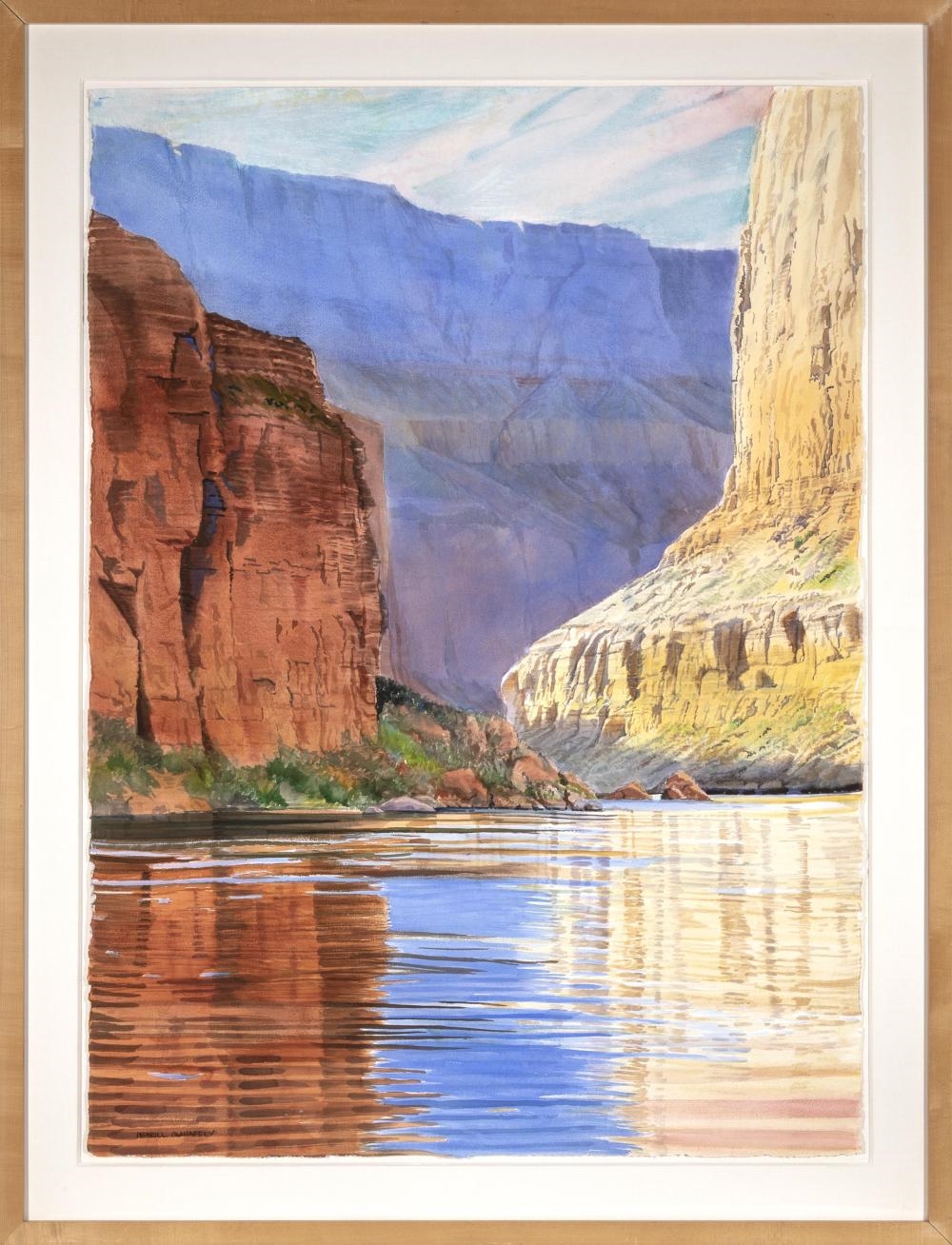 A watercolor painting of a river in the desert.