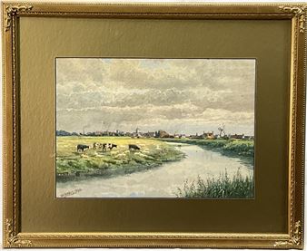 A pastoral watercolor scene depicting a rural landscape with grazing cattle, a winding river, and distant buildings under a cloudy sky.