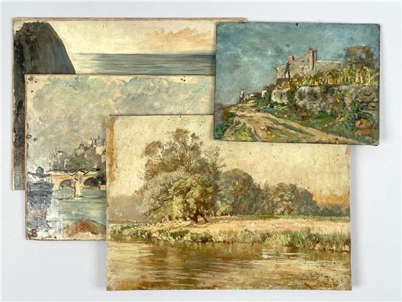 Reunion of three oils on canvas mounted on cardboard by Charles Jouas