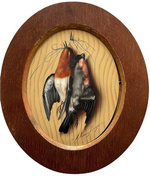 oval oil on board, of song birds - Michelangelo Meucci