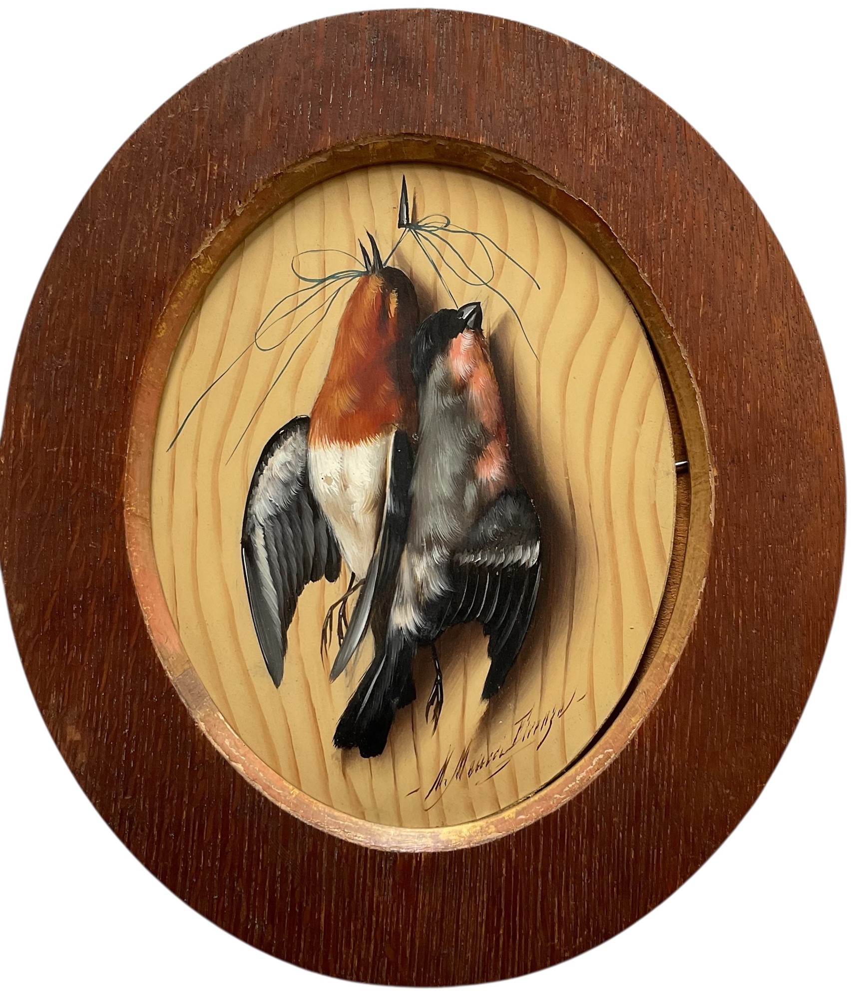 Artwork by Michelangelo Meucci, oval oil on board, of song birds, Made of Oil On Board