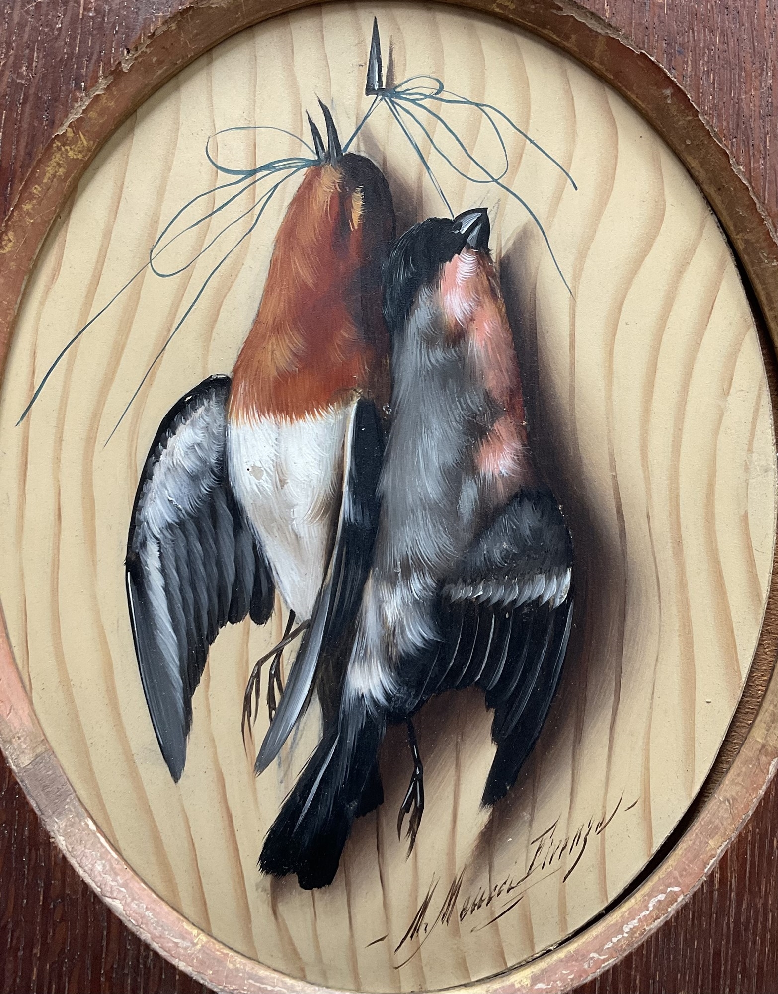 Artwork by Michelangelo Meucci, oval oil on board, of song birds, Made of Oil On Board