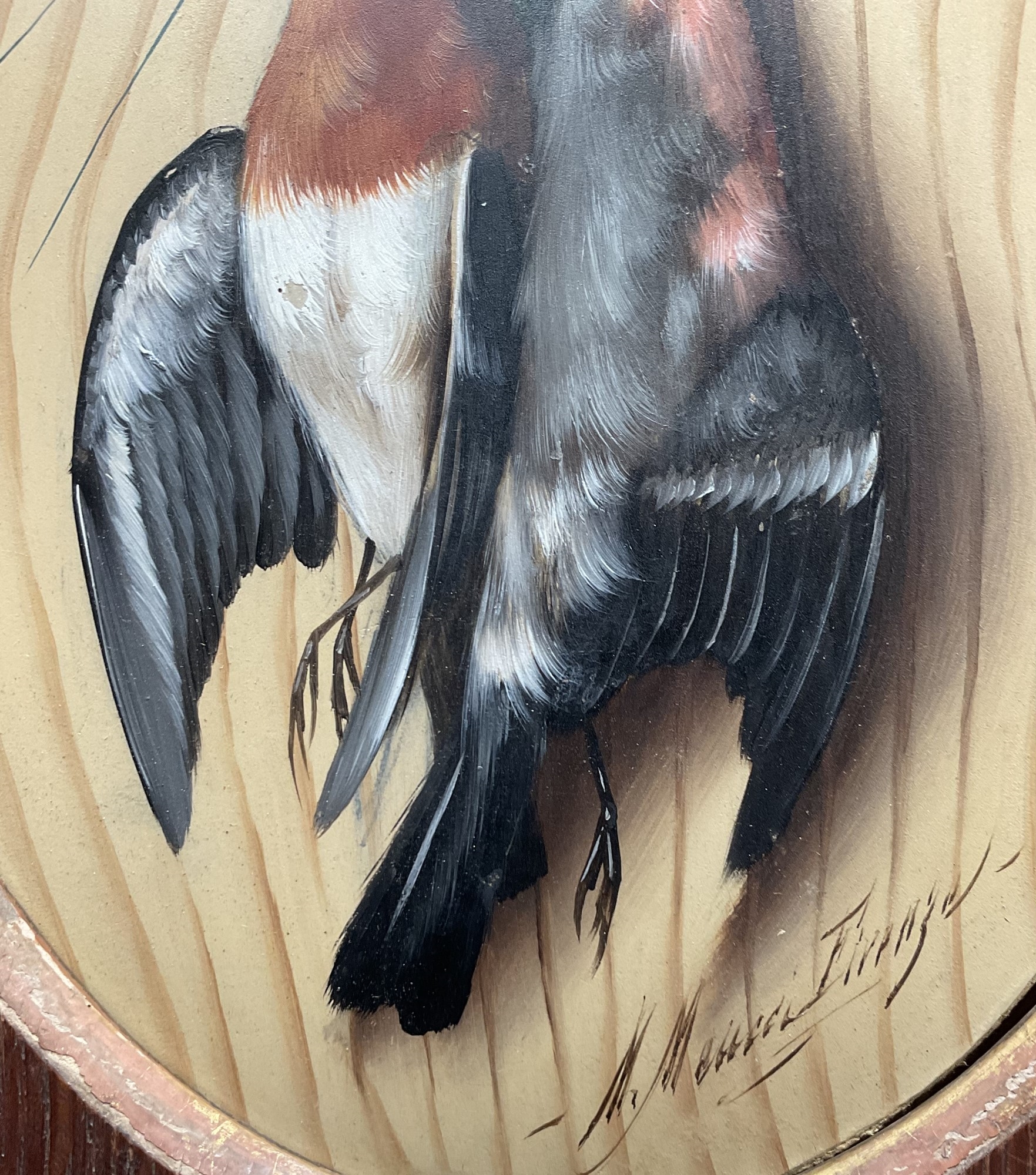 Artwork by Michelangelo Meucci, oval oil on board, of song birds, Made of Oil On Board
