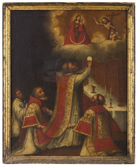 Solemn mass with the apparition of the Virgin and Christ - South American School, 18th Century