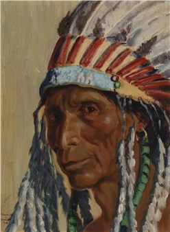 A portrait of a figure wearing an elaborate feathered headdress and beaded necklaces.