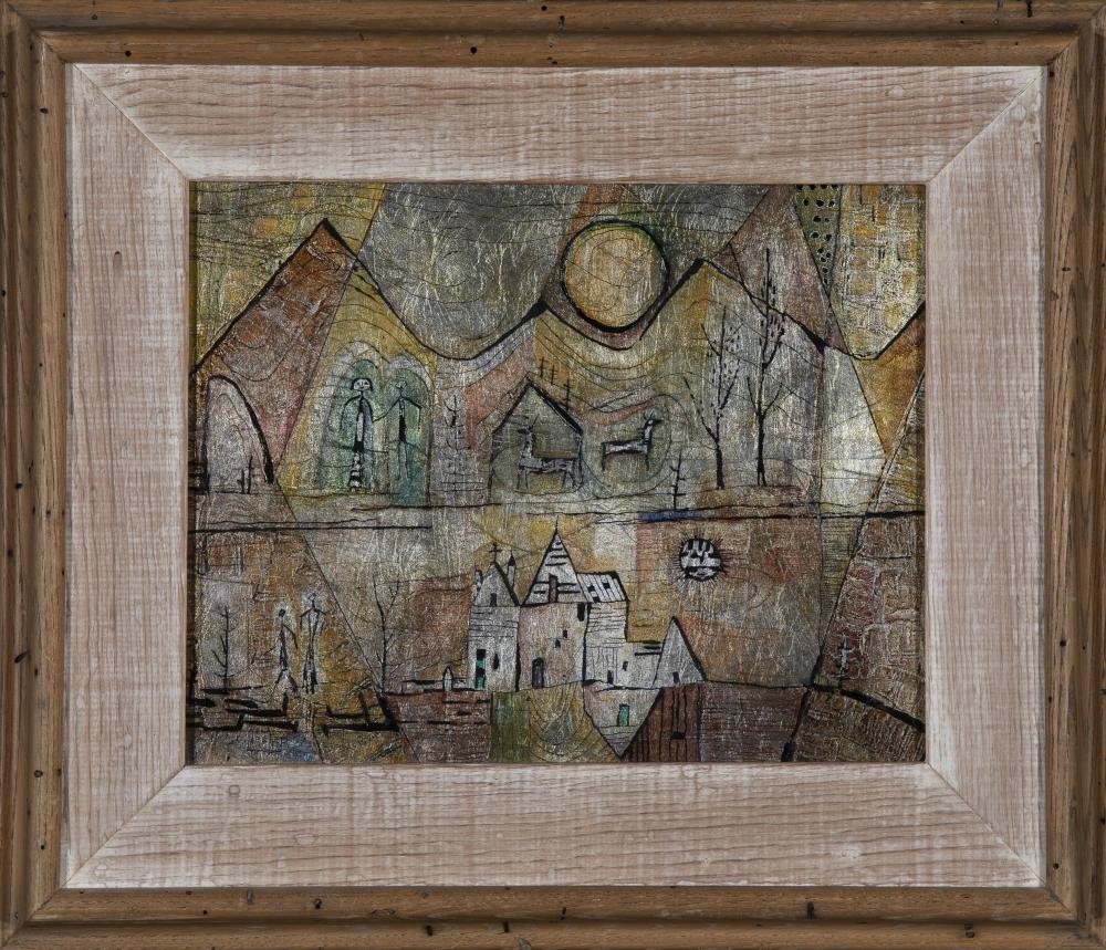 Artwork by Howard Schleeter, Commuters, Made of Oil, Silver Leaf, Oil Glaze On Board