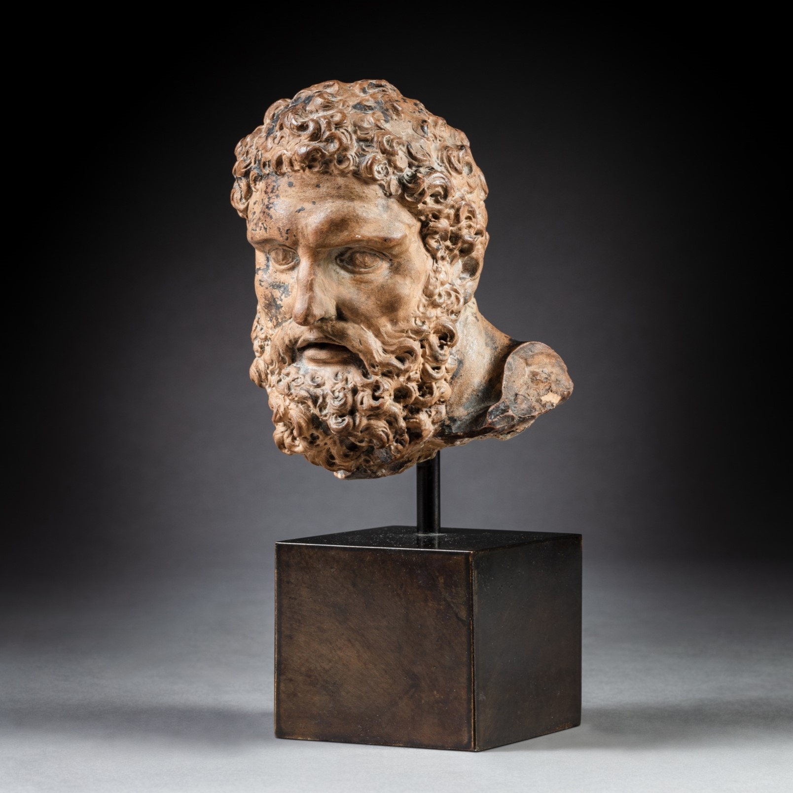 Artwork by Roman School, 17th Century, Head of the Farnese Hercules, Made of terracotta, bronze patina, on a later wood base